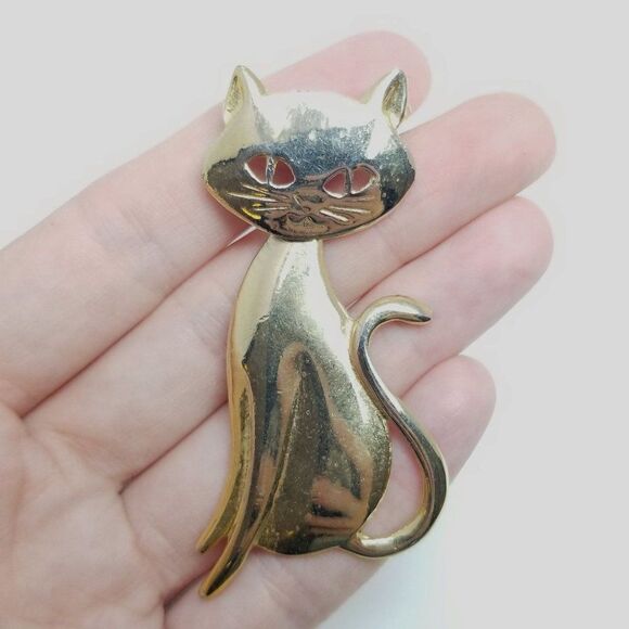 Vintage Large Cat Shape Brooch, Moving Head, Gold Tone, Sitting Kitten, Estate - Picture 3 of 5
